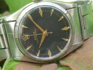 K2 RARE 58 VINTAGE ROLEX SS BLACK DIAL ENGINE TURNED OYSTER PERPETUAL MENS WATCH 2