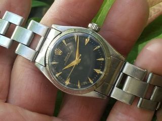 K2 RARE 58 VINTAGE ROLEX SS BLACK DIAL ENGINE TURNED OYSTER PERPETUAL MENS WATCH 6