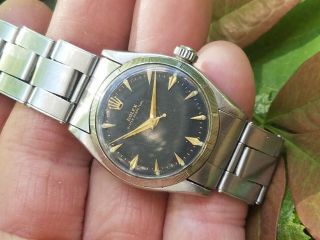 K2 RARE 58 VINTAGE ROLEX SS BLACK DIAL ENGINE TURNED OYSTER PERPETUAL MENS WATCH 7