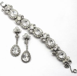 VTG Juliana Clear Pear Shaped Rhinestone Bracelet Dangle Earrings Demi Parure 3