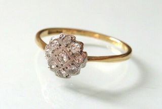 18ct Yellow Gold & Platinum Art Deco Diamond Cluster Ring Size P Vintage 1930s