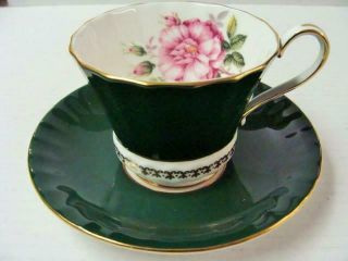 Aynsley Green And Gold Wild Rose Tea Cup And Saucer Made In England