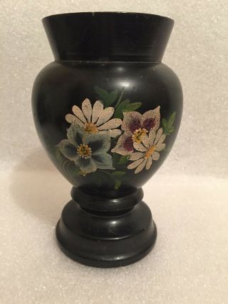 Vintage Antique Black Wood Tole Hand Painted Flowers Candle Holder Vase Insert