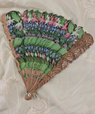 Antique 19th C Hand Painted Carved Fan With Floral And Foliage
