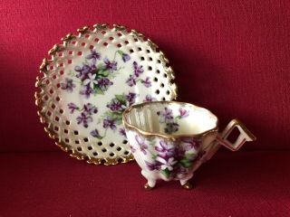 Vintage Purple Violets Flower Design 3 Footed Demitasse Tea Cup & Cut Out Saucer