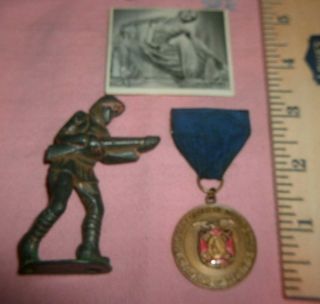 Military Medal,  And,  Vintage Ww1 Cast - Iron Toy Soldier,  Old Patina,  As - Is,