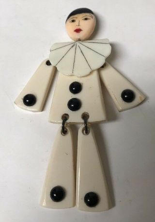 Vintage French Pierrot Clown Articulated Brooch Pin Figural Art Deco