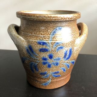 Vintage Primitive Salt Glazed Stoneware Cobalt Blue Painted Art Crock Jar Nr