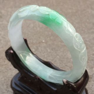 56.  2mm Chinese Old Jadeite Bangle Hand - Carved Flower Design Jade Bracelet O170