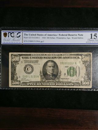 1928 $500 FRN Federal Reserve Note Fr 2200 - C PCGS F15 (RARE PCGS HOLDER) 4