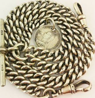 Heavy Antique Solid Silver Double Albert Pocket Watch Chain W Coin/fob 16.  2 Inch