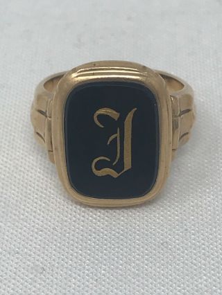 Antique Mens Initial Ring “j” 14k Gold And Onyx