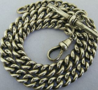 Antique Victorian Solid Sterling Silver Albert Pocket Watch Chain & T - Bar 1890