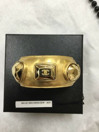 Chanel Vintage Gold - Tone Cc Logo Cuff With Faceted Gems