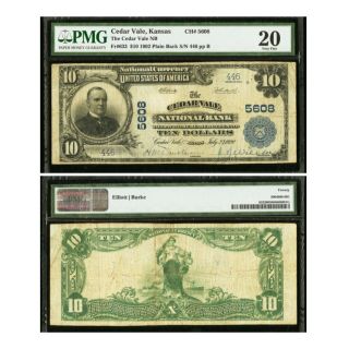 1902 $10 National Bank Cedar Vale,  Ks Charter 5608 1 Of 2 Pb Known.  Rare Rare