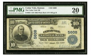 1902 $10 National Bank Cedar Vale,  KS Charter 5608 1 Of 2 PB Known.  RARE RARE 2