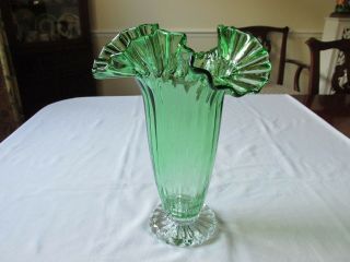 Vtg Art Deco Ribbed Green Glass Vase - Ruffled Top Clear Ribbed Base 10 3/4 " Excl