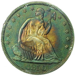 1850 50c Liberty Seated Half Dollar Raw Uncirculated Colorful Toned Rare Date
