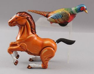Vintage Kohler Gnk German Tin Wind - Up Pecking Pheasant Daiya Japan Rearing Horse