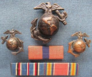 Wwii Enlisted Us Marine Insignia Set And 1/2 - Inch Wide Ribbons