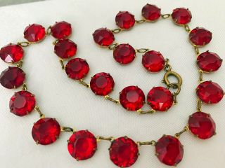 Vintage Antique Art Deco Red Large Crystal Paste Glass Open Back Bezel Necklace