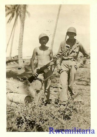 Warrior Bare Chested Us Soldier Posed Holding Bar Automatic Rifle In Pacific