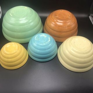 Bauer Vtg 40’s Nesting Mixing Bowls Complete Set Of 5 Aqua Yellow Green Orange