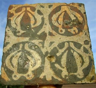 Antique Architectural Geometric Pattern Matte Arts Crafts Stoneware Pottery Tile