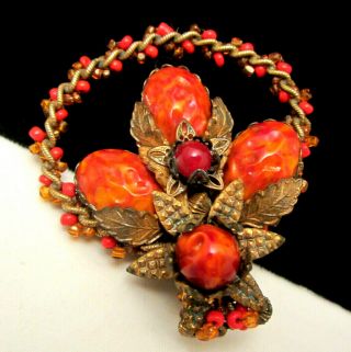 Rare Vintage 2 - 1/2 " Signed Miriam Haskell Goldtone Red Glass Strawberry Brooch