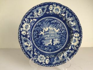 Antique Blue Scenic Historical Staffordshire Pottery Plate Man Fishing W Dog