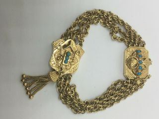 Vintage 14 Kt Yellow Gold Rope & Tassel 2 Slide Style Bracelet Persian Turquoise