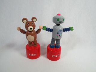 Fao Toys R Us Wooden Push Up Pop Up Finger Puppet Bear & Robot - Fun For Kids
