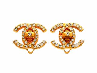 Authentic Vintage Chanel Earrings Turnlock Cc Logo Rhinestone Ea2159