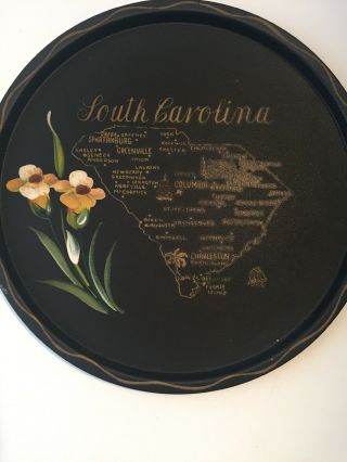Vintage 11 " Black Metal " South Carolina " Round Souvenir Tray State Map