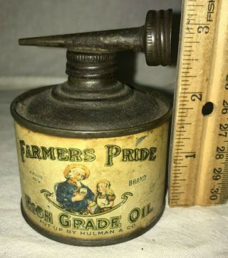 Antique Farmers Pride Handy Oiler Vintage Tin Litho Oil Can Hulman Terre Haute