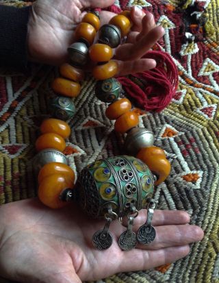 Xlarge African Tuareg Cloisonne Enamel Amber Ball Red Wool Necklace Coin Jewelry