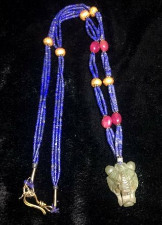 Ancient Lapis Solid Gold Bead Real Ruby Jade Tiger Head Pendant Necklace