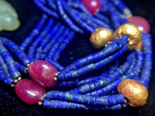 Ancient Lapis Solid Gold Bead Real Ruby Jade Tiger Head Pendant Necklace 3