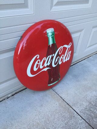 Vintage Coca Cola 24” Porcelain Button Sign W/Bracket Investment Grade 2