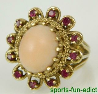 Lovely Vintage Coral Cabochon & Ruby 14k Yellow Gold Ornate Dome Ring Sz.  6.  5