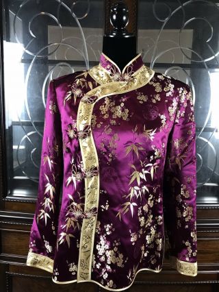 Chinese Purple Gold Silk Embroidered Robe Kimono Textile Shirt Top China Xxl