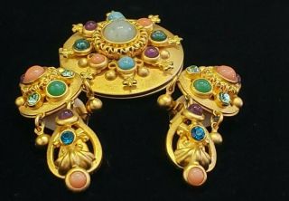 Vintage Natasha Stambouli Multi - Gem,  Gold - Plated Set Clip - On Earrings Pin Locket