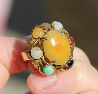 14k 585 Solid Yellow Gold Yellow Green Red Jade Large Setting Ring