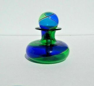 Vtg Nos Small Blue And Green Swirled Hand Blown Perfume Bottle W Matching Dauber