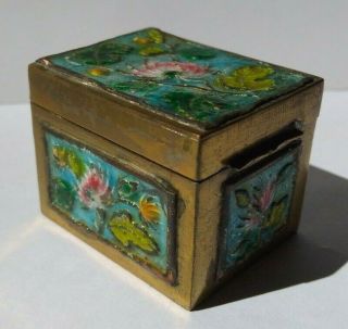 Vintage China Brass And Blue Green & Pink Flower Enamel Stamp Box