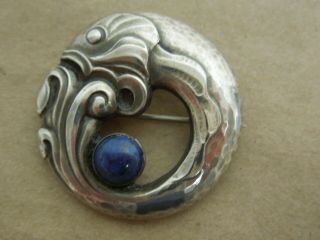 Vintage Georg Jensen Denmark Sterling Silver Fish Pin Brooch W/ Blue Lapis Stone