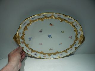 STUNNING ANTIQUE MEISSEN 17 INCH FLORAL PLATTER W/ HEAVY GOLD GILT - CROSS SWORD 2