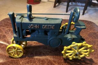 Vintage John Deere Cast Iron Toy Farm Tractor - Green / Yellow Antique