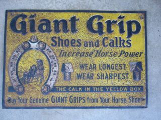 Antique Giant Grip Horseshoes And Calks Raised Metal Advertising Sign