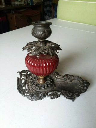 Victorian Candle Holder W Ox Blood Ribbed Glass Cast Iron Ornate Base Estate Nr